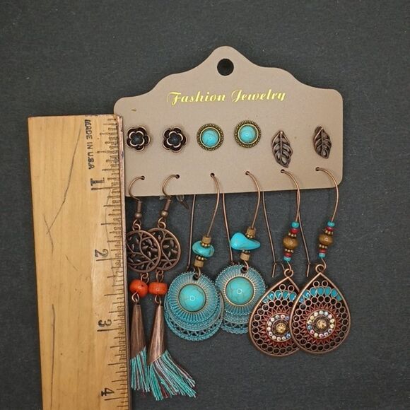 BRONZE tassel leaf turquoise boho earring bundle - Picture 3 of 4